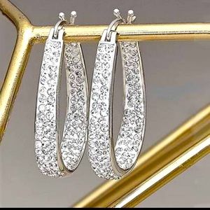NWT White Inside Out 18k Hoops Made With Crystals From Swarovski & 2.00 CT Studs